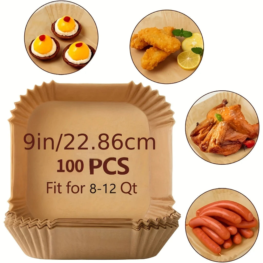 100 non-stick air fryer liners - high-quality single-layer paper with grooved edges, ensuring safe cooking, easy cleaning