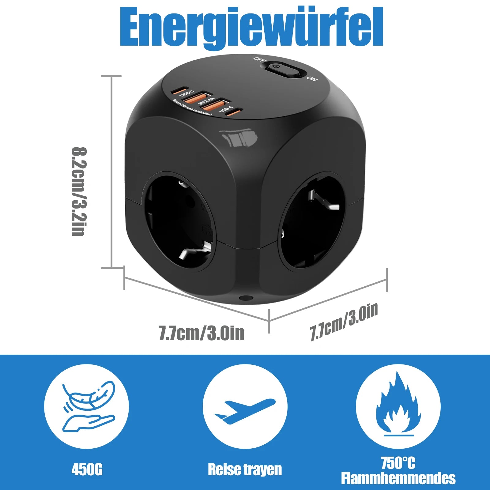Eu plug multi-functional wall socket 4AC+4USB smart fast charging with multiple safety protections, suitable for family travel