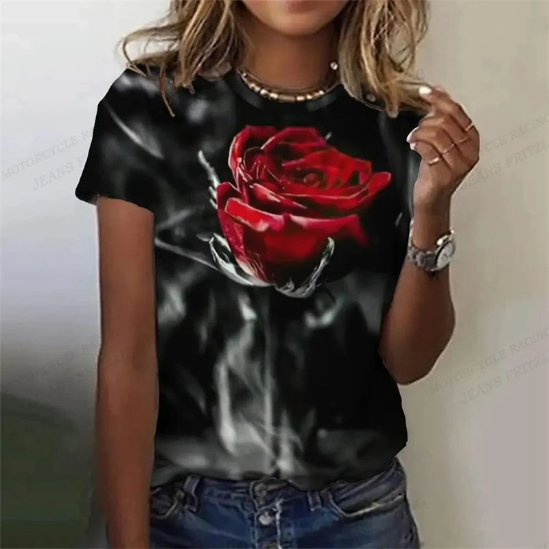 Golden Rose 3d Printed Tshirt Pretty Women's Clothing Female Harajuku Floral Print Tops Tees Ladies O-Neck Short Sleeve T Shirt