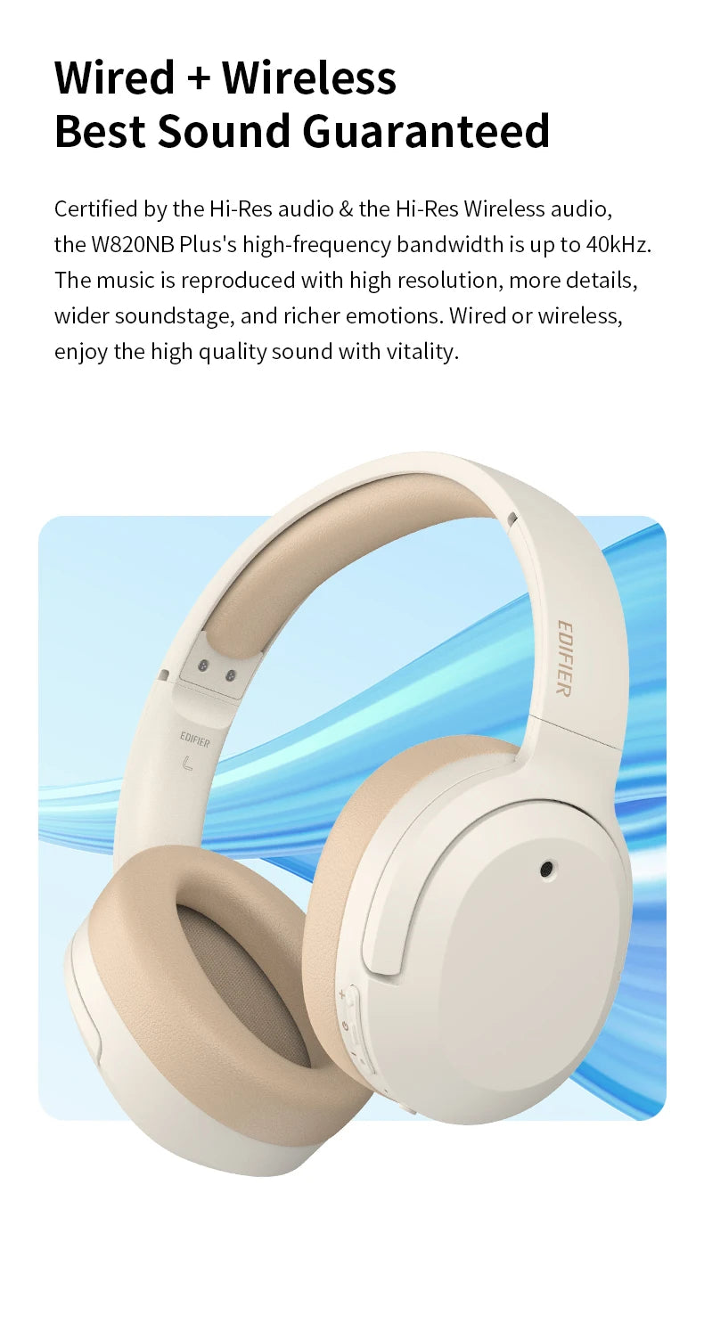 Edifier W820NB Plus Wireless Noise Cancelling Headphones 49hrs Playtime 43dB ANC Hi-Res LDAC Codec Over-Ear Bluetooth Headset