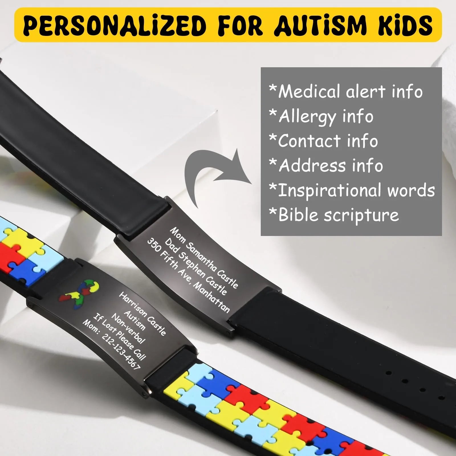 Personalized Autism Medical Alert ID Bracelet, Custom Engraved Emergency Silcone Wristband for little Girls Boys ( 0-7 years)