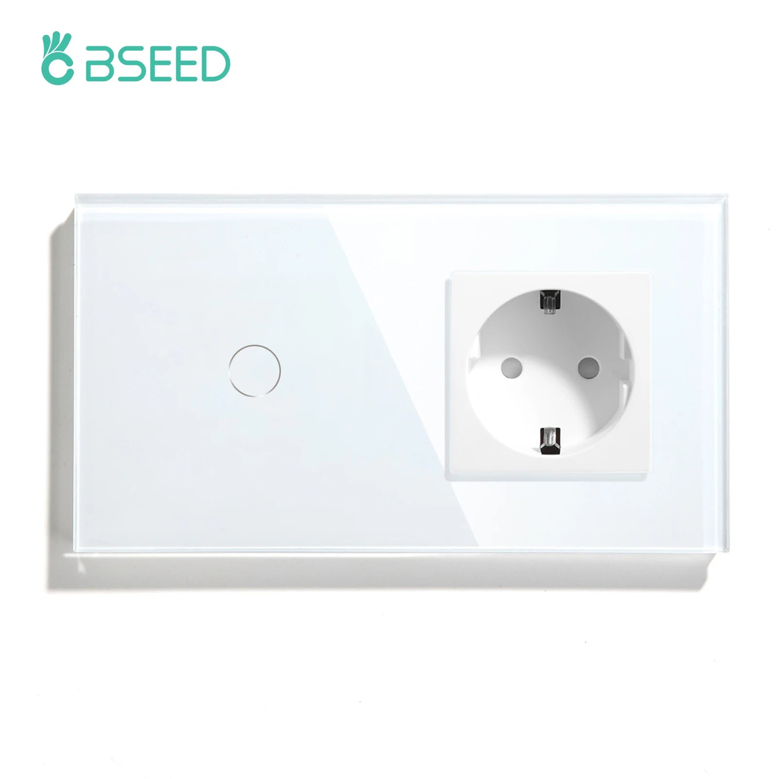BSEED Touch Light Switch With EU Power Wall Sockets White Wall Led Switches 1/2/3Gang 1Way Crystal Glass Panel Dark Backlight