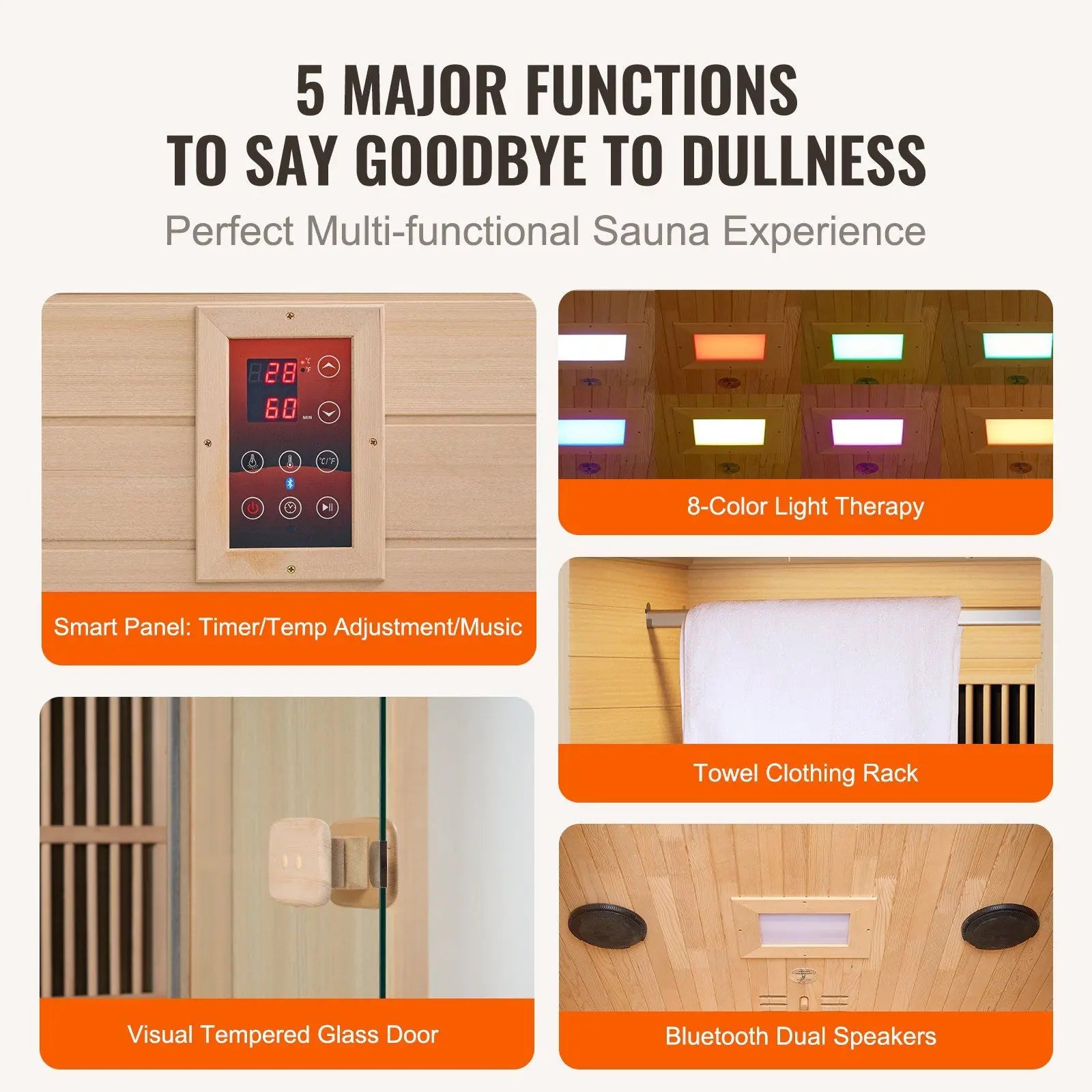 Single Person Home Sauna Spa 1140W Indoor Use Far Infrared LED Reading Lamp Bluetooth Speakers Tempered Glass Door Hemlock Wood
