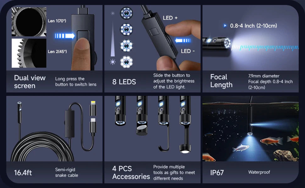 KERUI Single/Dual Lens Endoscope Camera For iPhone iPad IOS & Android Type-c Led Light IP67 Borescope Industry Inspection Camera