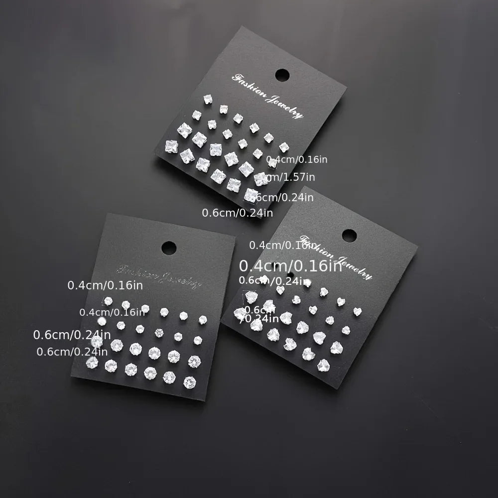 New Geometric Six-Claw Heart-Shaped Crystal Zircon Basic Set Ear Studs Vintage Elegant 36 Pairs Unisex