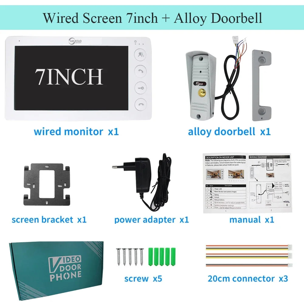 ANJIELO7Inch Video Intercom System Outdoor Metal Doorbell Waterproof Cold ResistanVideo Door Phone Home Night Vision Lock Unlock