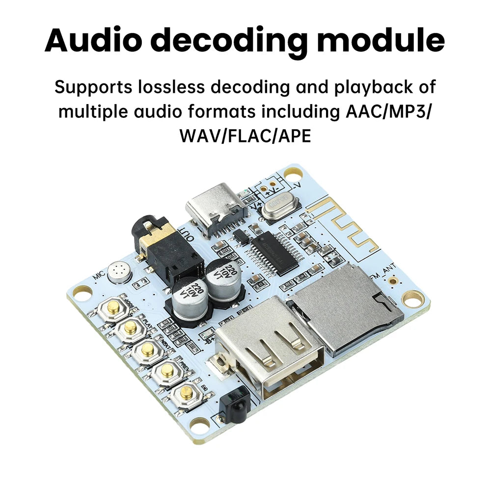 Bluetooth 5.4 Audio Receiver Board with USB/TF Playback Lossless Decoding AAC MP3 WAV FLAC APE for Car AUX DIY Power Supply