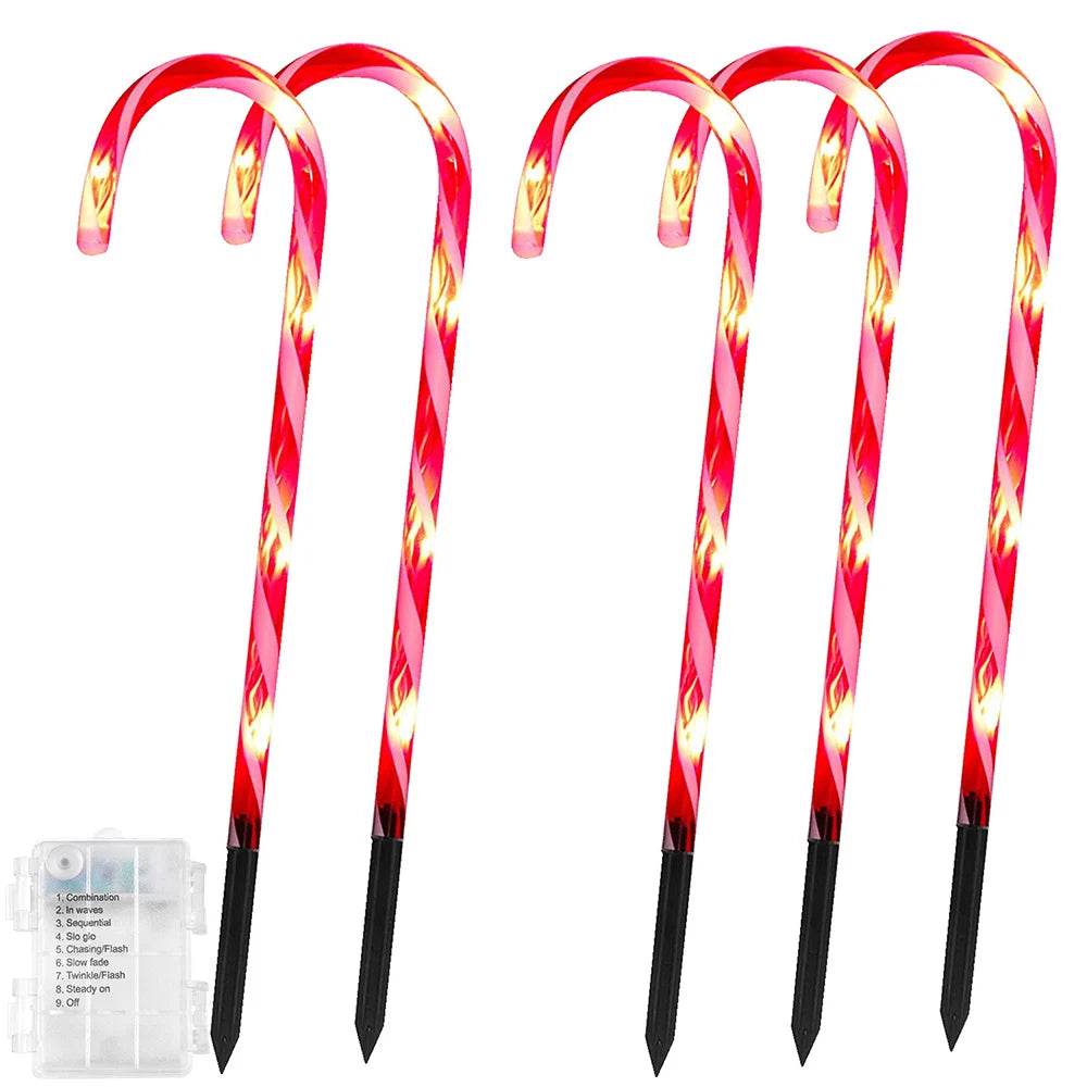 4/5/8/10 LED Christmas Candy Cane Lights Battery Waterproof Outdoor Pathway Marker Stakes String Light Garden Patio Party Decor