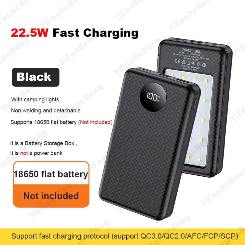 22.5W Wired +15W Wireless External Power Bank Case Battery Charge Storage Box Battery Holder 6*18650 20000mAh Power Bank Case