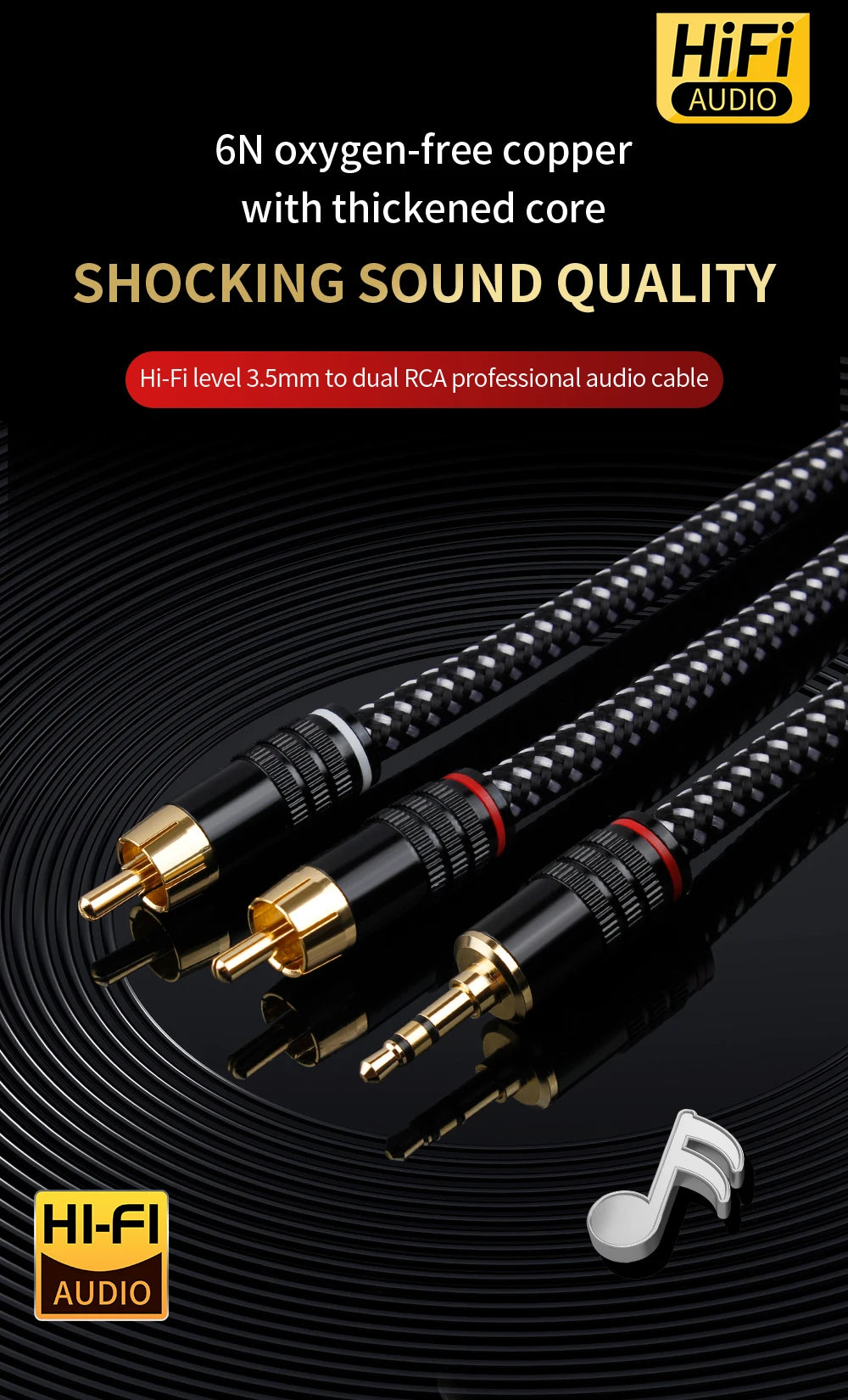 YYAUDIO HIFI 6N OFC Conduct 3.5mm to 2RCA Audio Cable Gold plated Plug 3.5mm Jack for Speaker Decoder Amplifiers