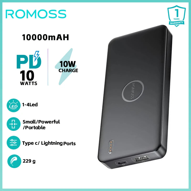 ROMOSS PPB10 Power Bank 10000 mAh 10W  Charging Powerbank PD1.0 QC3.0 Portable Battery Charger For xiaomi iphone Huawei
