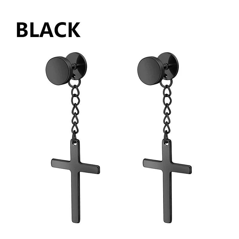 1/16 pairs Black Punk Stainless Steel Women Men Hoop Earrings Small Trendy Round Cross Pendants Jewelry Accessories Earrings