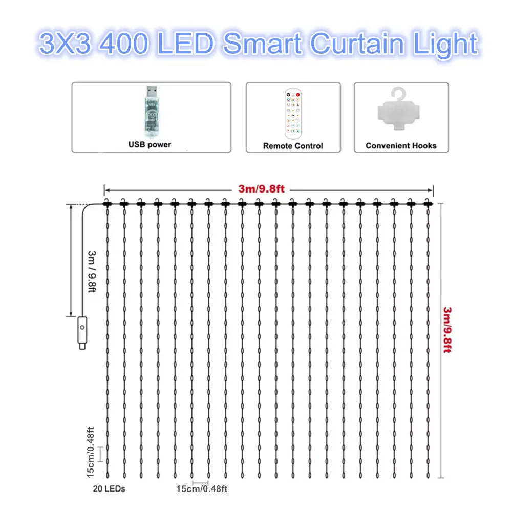Smart Curtain Lights, 400 LED USB Curtain String Lights with App Remote Control,DIY for Backdrop Birthday Mother's day Gift