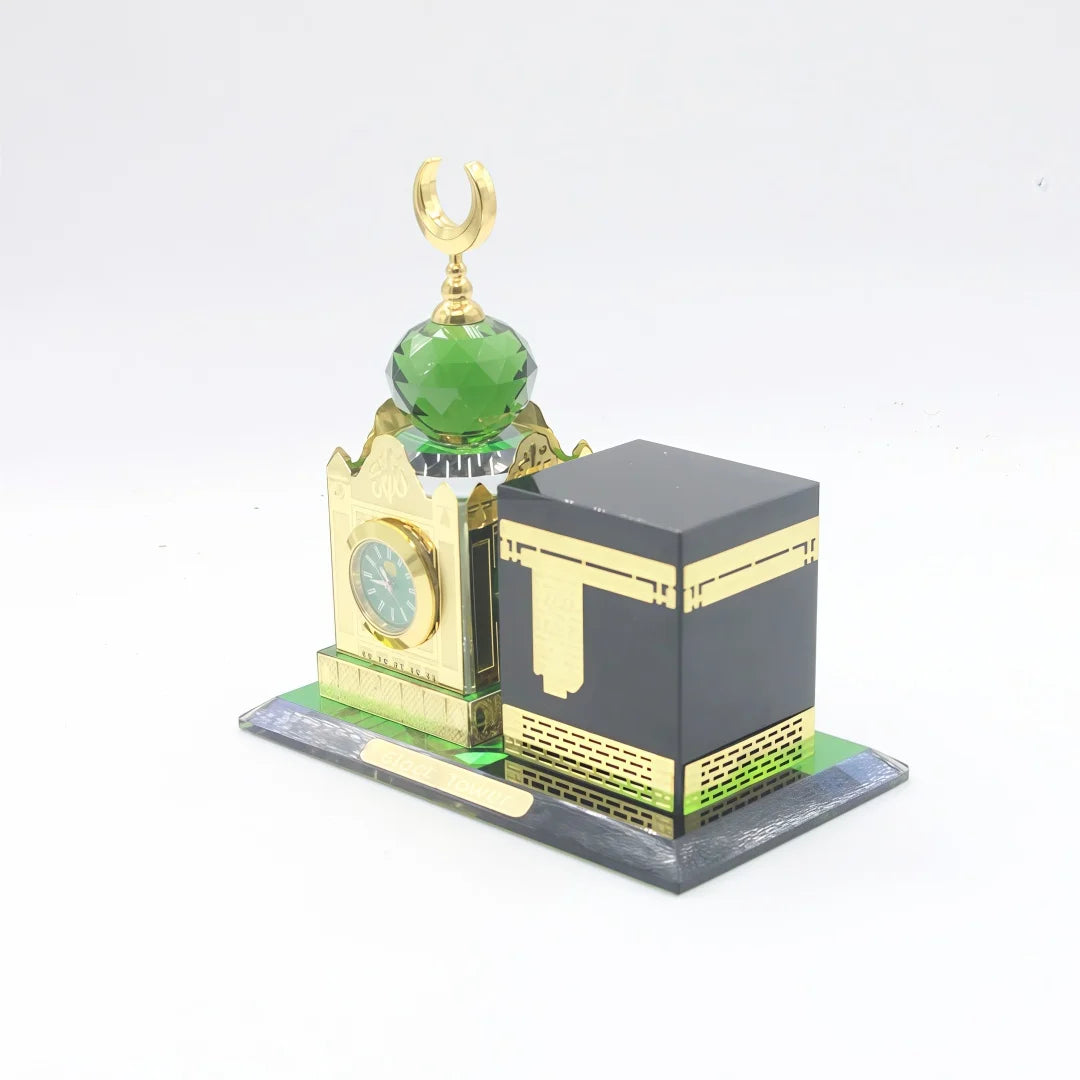 Islamic Crystal Kaaba Clock Tower Model Gilded Miniature Showpiece Religious Architecture Muslim Home Decor