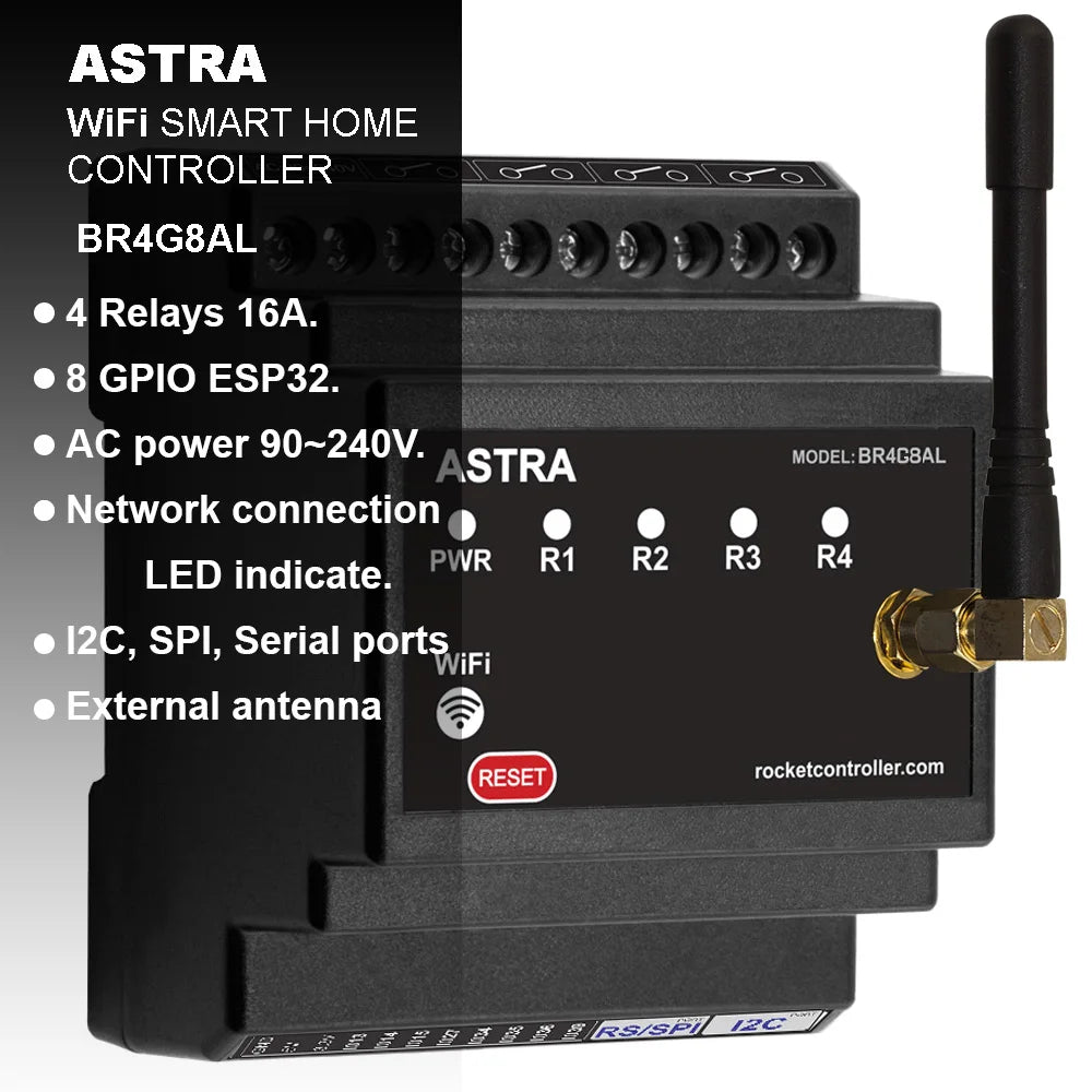 Basic Smart Home controller. WiFi, Bluetooth. Input/Output. TASMOTA firmware. MQTT protocol. Compatible Home Assistant. ESP32