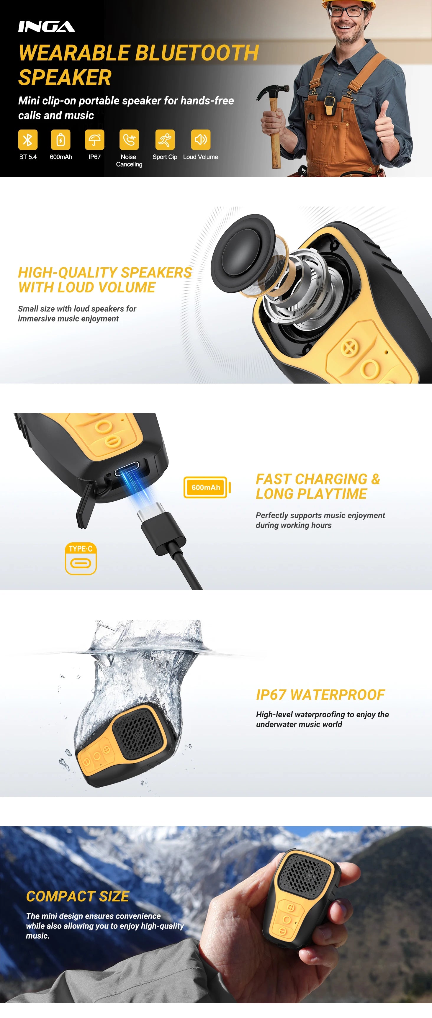 Wearable Mini Clip-on Bluetooth Speaker - Hands-Free Calls, Noise Cancelling Mic, IP67 Waterproof, Gym Ready