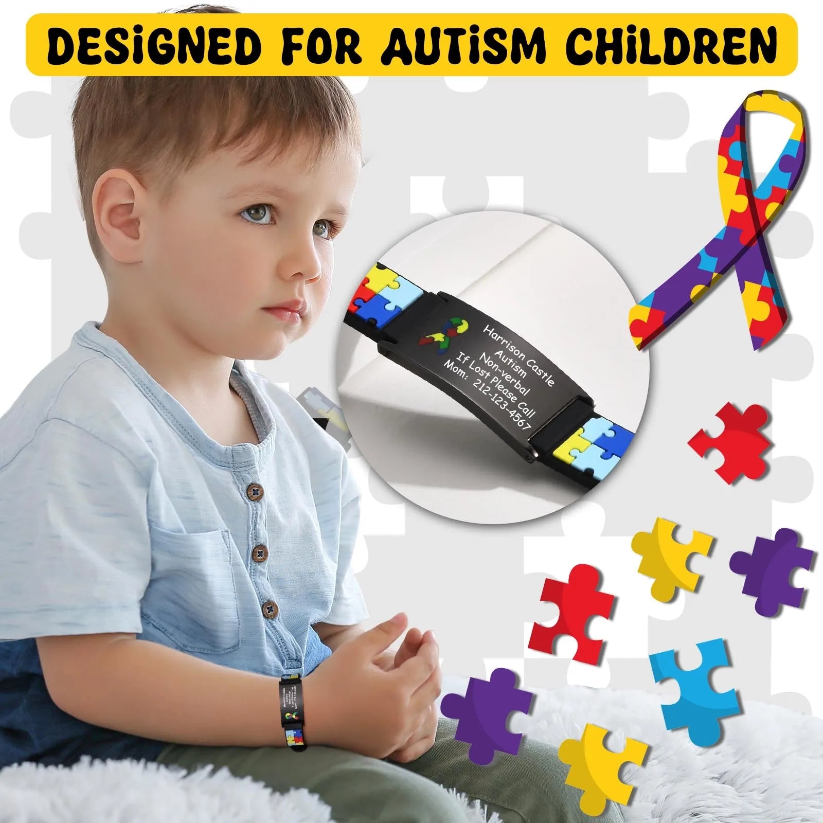 Personalized Autism Medical Alert ID Bracelet, Custom Engraved Emergency Silcone Wristband for little Girls Boys ( 0-7 years)