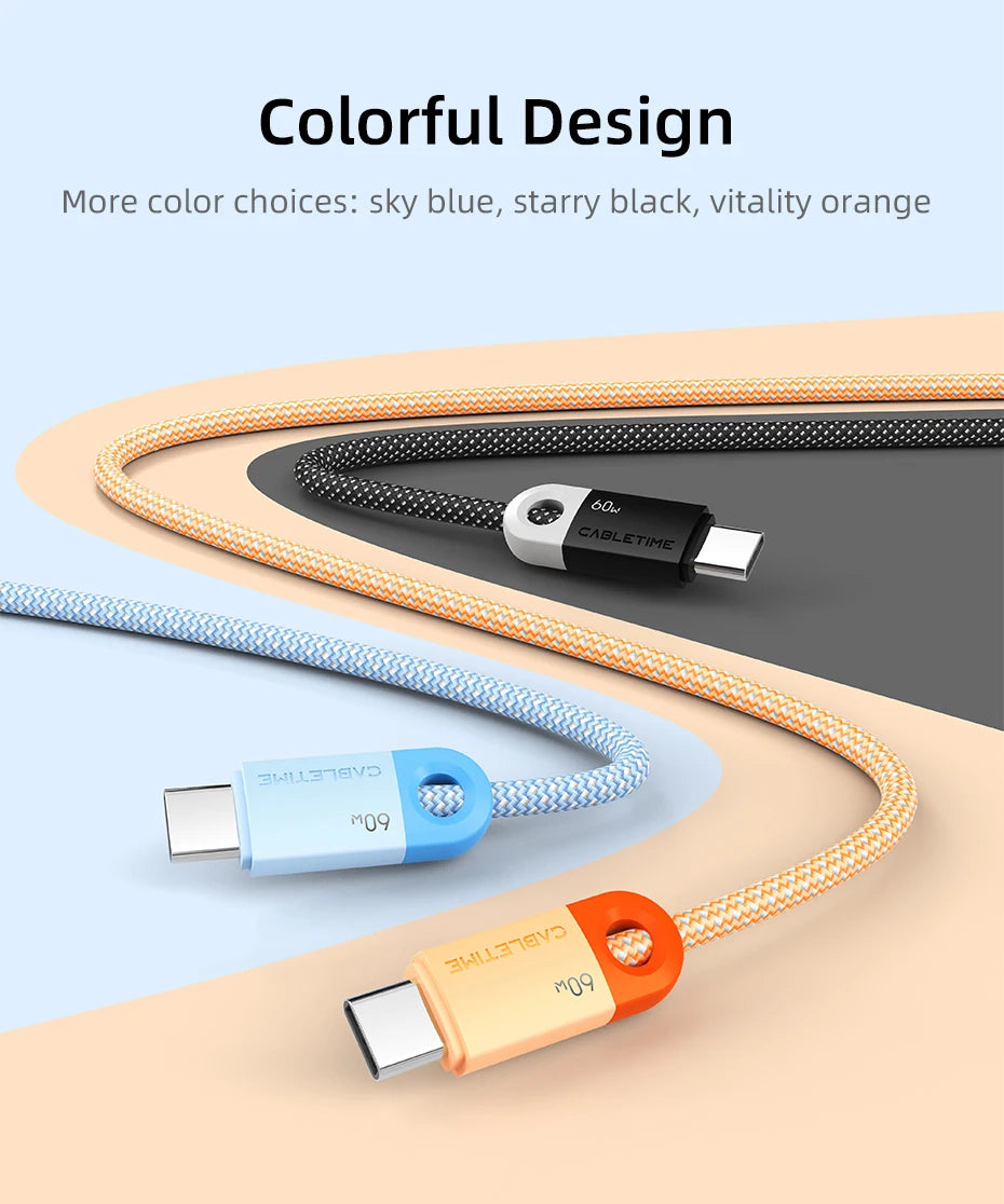 CABLETIME USB C to USB C Cable 60W 480Mbps Fast Charging Cable 3A Braided Type C to Type C Cable for Moble Phone Laptop HUAWEI