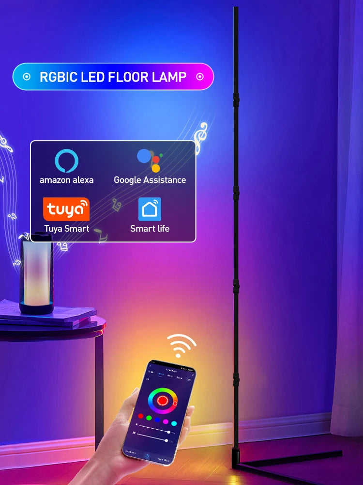 RGBIC Smart Corner Floor Lamp, Tuya App & Remote Control, Adjustable Colors & Effects, Atmospheric Standing Light for Home
