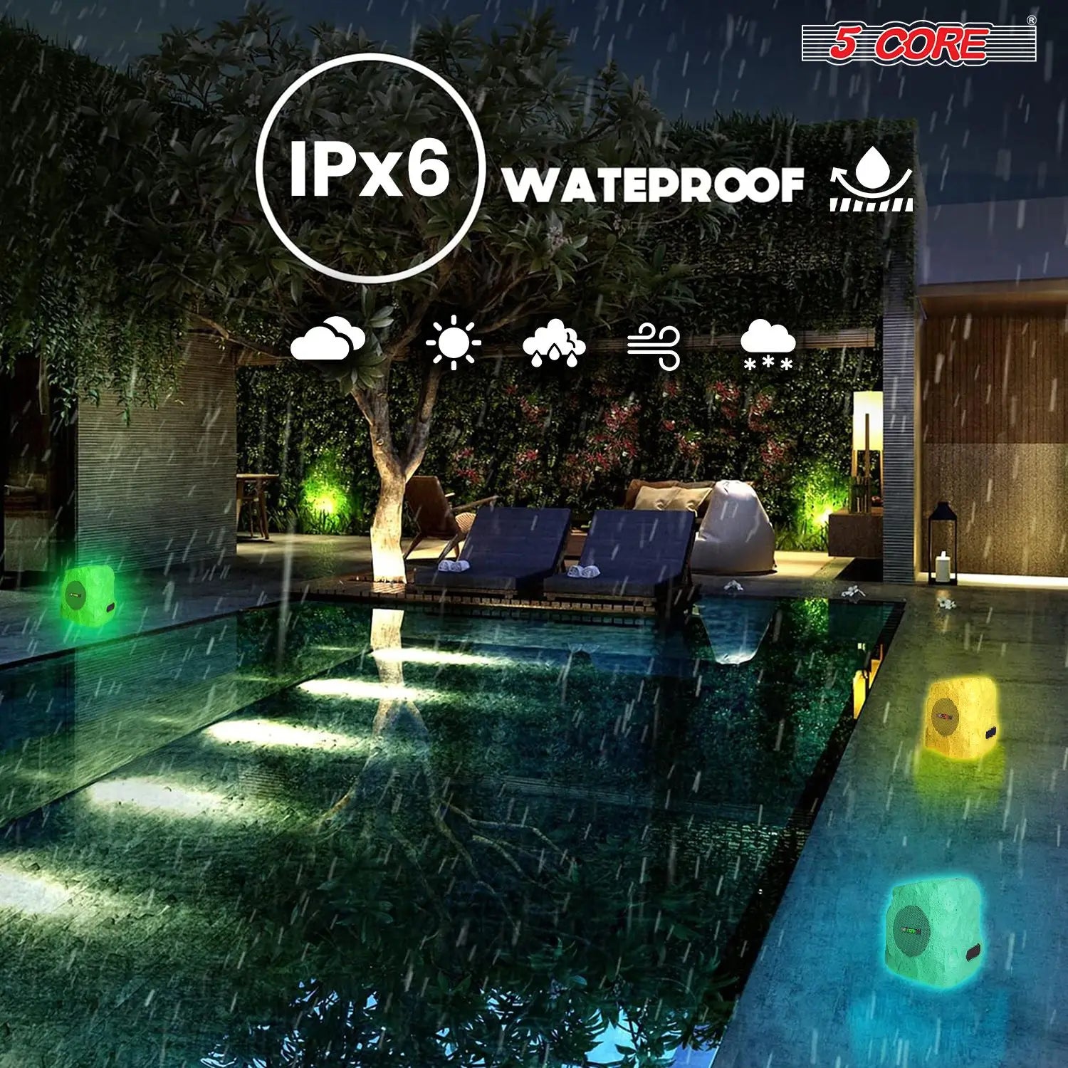 Rock Speaker Outdoor Waterproof Bluetooth Garden Speakers Solar & USB Charging RGB Colors for Patio Pool & Home