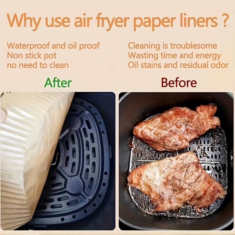 100 non-stick air fryer liners - high-quality single-layer paper with grooved edges, ensuring safe cooking, easy cleaning