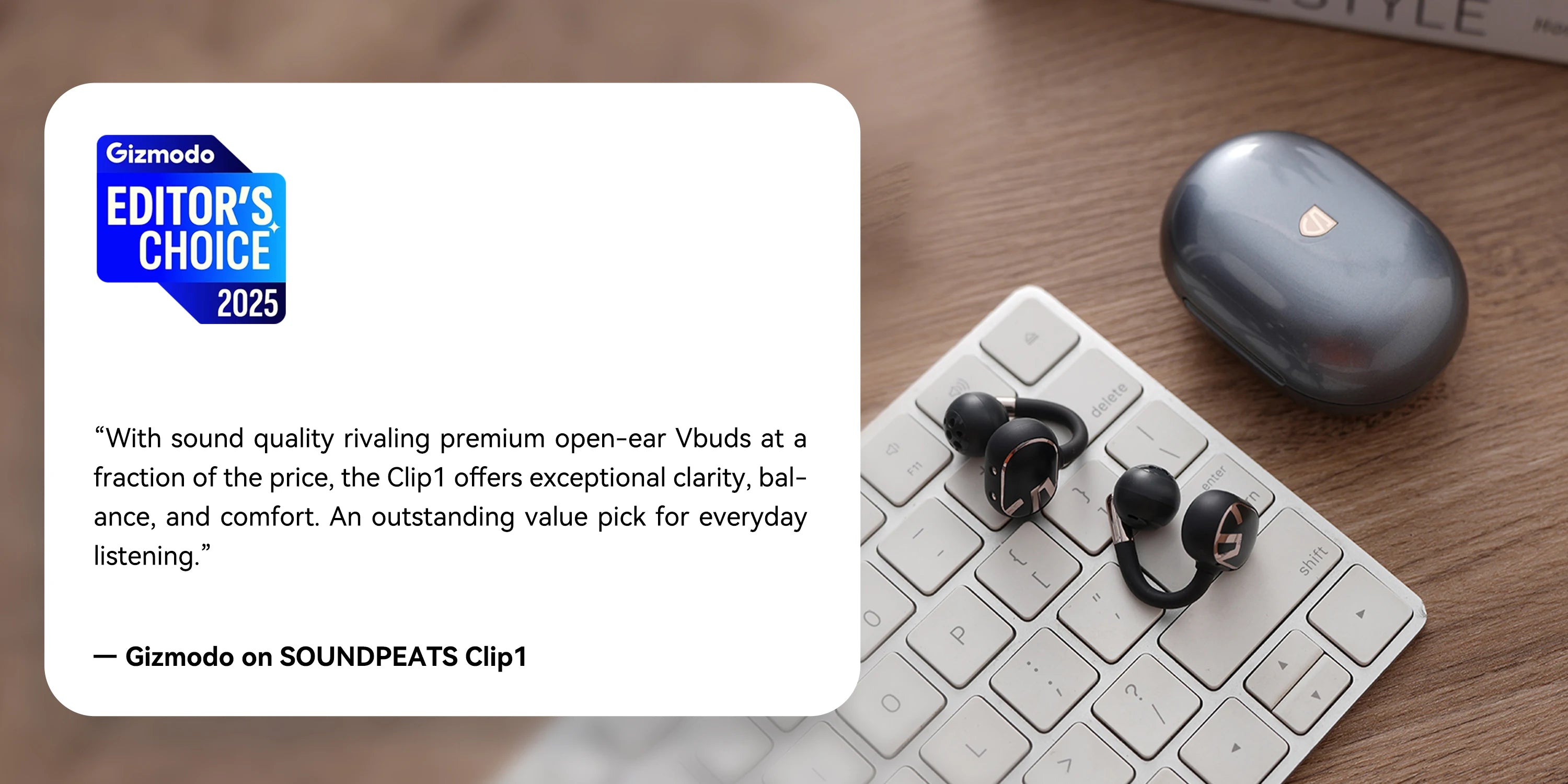 SoundPEATS Clip1 Open Ear Wireless Headsets Bluetooth 5.4 with Hi-Res LDAC & Dolby Audio, Comfort Clip On Sports Earphones IPX5