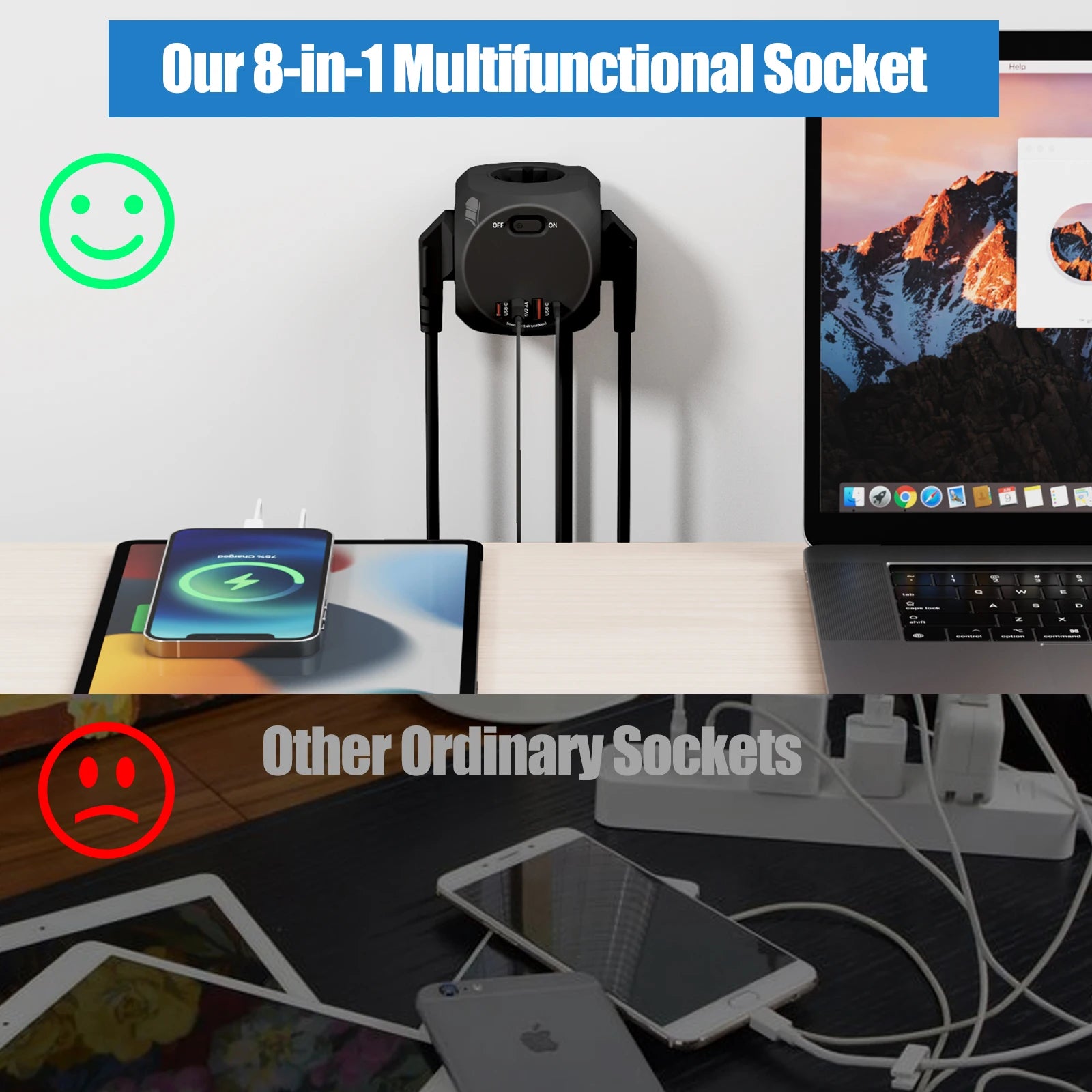 Eu plug multi-functional wall socket 4AC+4USB smart fast charging with multiple safety protections, suitable for family travel