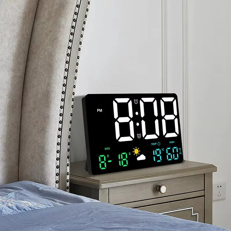 Smart Mute LED Wall Clock with Large Screen Temperature and Humidity Display Weather Clock Multifunctional Digital Color Alarm