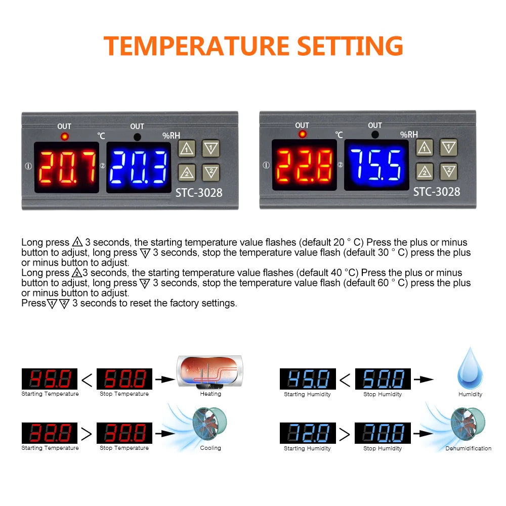 STC-3028 Wired Temperature Controller Digital Thermostat Controller Temperature And Humidity Controller Sensor AC 220V DC12V 24V
