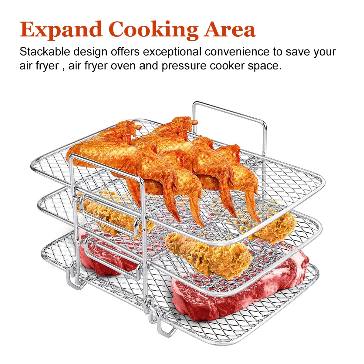 3-layers Air Fryer Rack Stackable Grilling Rack Stainless Steel Airfryer Oven Grill Steamer Cooker Kitchen Gadgets Cooking Tools