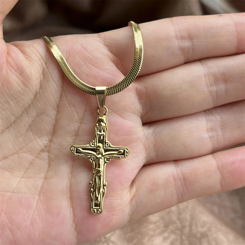 Christian Jesus Cross Necklace For Women Men Stainless Steel Chains Choker Religion Cross Pendants Jewelry Prayer Baptism Gifts