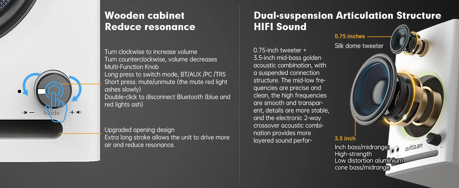 Ortizan Audio Bookshelf Active Speakers Studio Monitor，Bluetooth 5.3 Wireless Computer TV PC USB DAC HiFi Home Subwoofer System