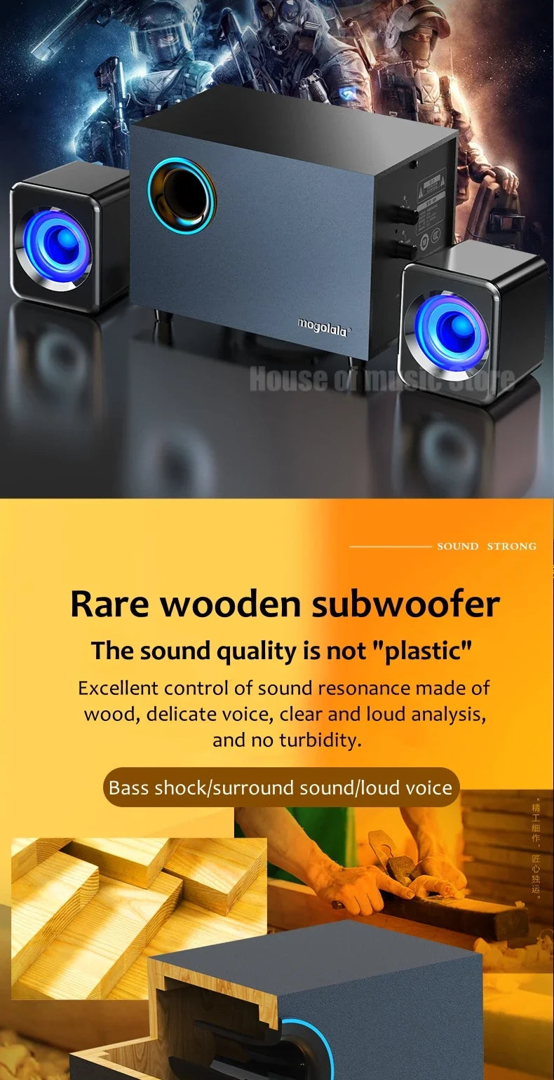 USB Wired Bluetooth Computer Speaker Home 2.1 Channel Wooden Desktop Subwoofer Active Audio 3D Surround Sound Bass Game Speakers