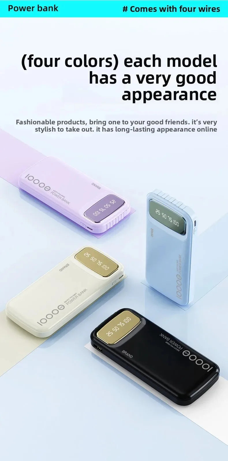 CCC Certified 10000mAh 20000mAh Power Bank Built in Type C Cable Ultra Thin Digital Display Portable External Battery Powerbank