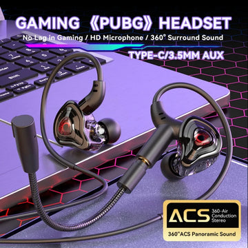 Esports Gaming Headset 360° Surround Sound Hifi Stereo Wired Earphones 3.5mm/Type-C/USB In-Ear Dual Micrphone PUBG Gaming Earbud