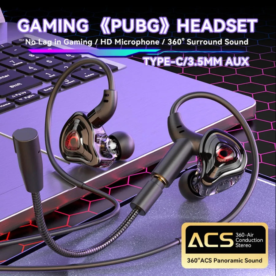 Esports Gaming Headset 360° Surround Sound Hifi Stereo Wired Earphones 3.5mm/Type-C/USB In-Ear Dual Micrphone PUBG Gaming Earbud