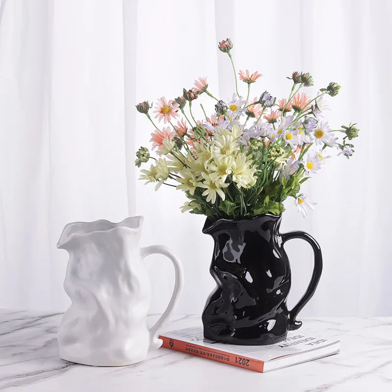Ceramic Vase Irregularly Pleated Bottle Handle Shape Flower Hydroponics Accessories Room Decoration Vases Pots Terrarium