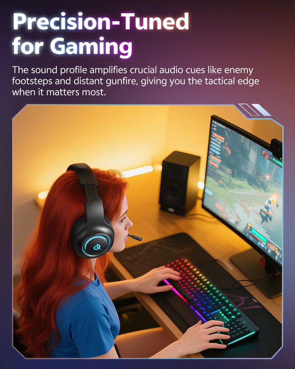 QCY Heroad V200 Gaming Headset Bluetooth 6.0 with Mic 50mm Driver 7.1 Surround Sound RGB Over Ear Headphones for PC Laptop PS4/5