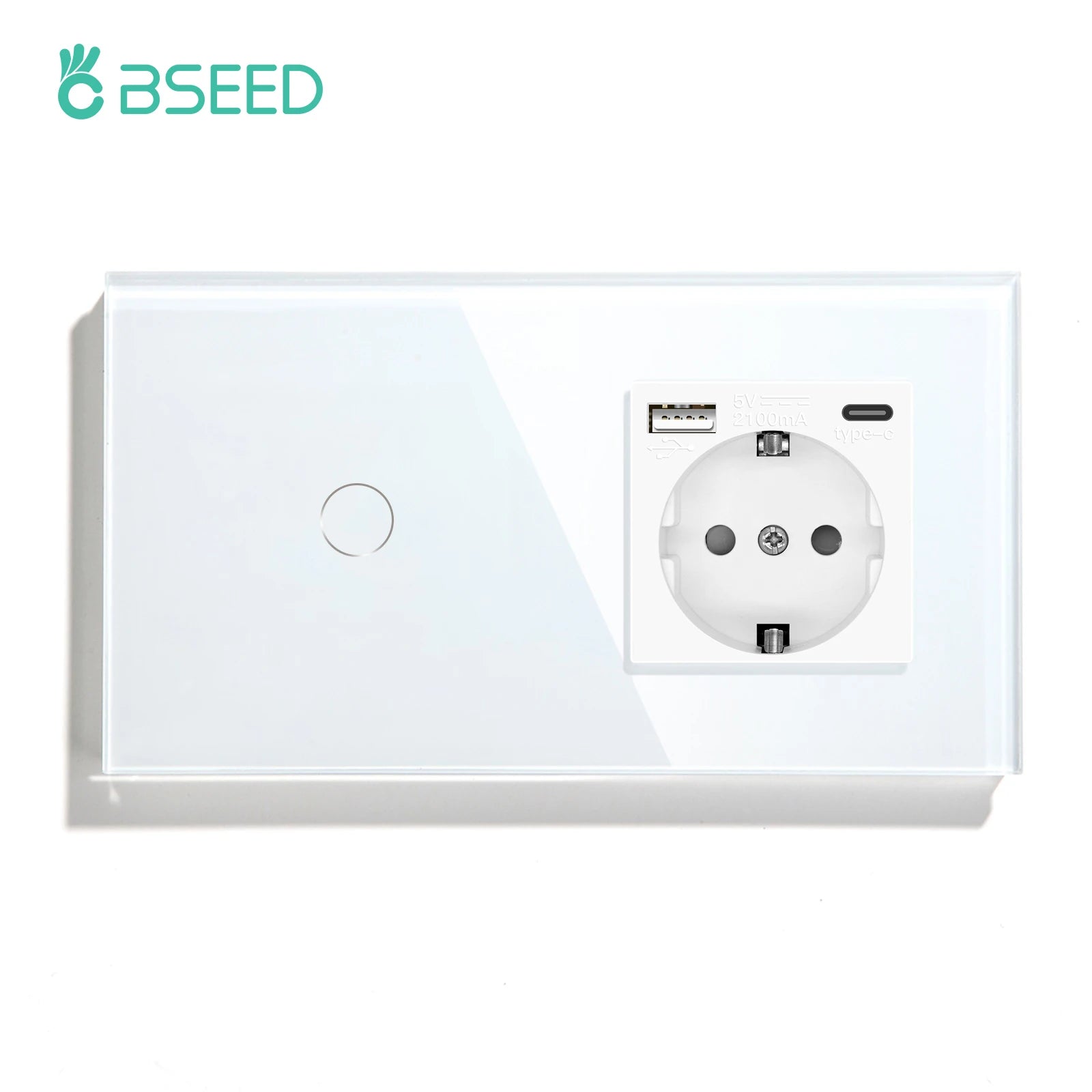 BSEED Touch Light Switch With EU Power Wall Sockets White Wall Led Switches 1/2/3Gang 1Way Crystal Glass Panel Dark Backlight