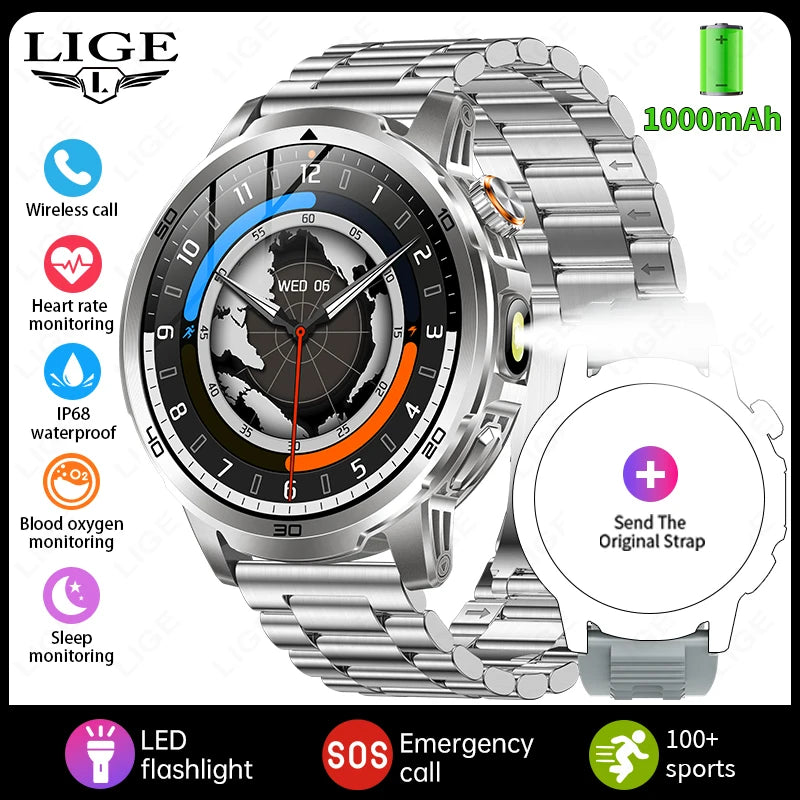 LIGE Military Grade 1000mAh Battery Smart Watch Men Flashlight SOS Red Light Sports Watches Waterproof Bluetooth Call Smartwatch