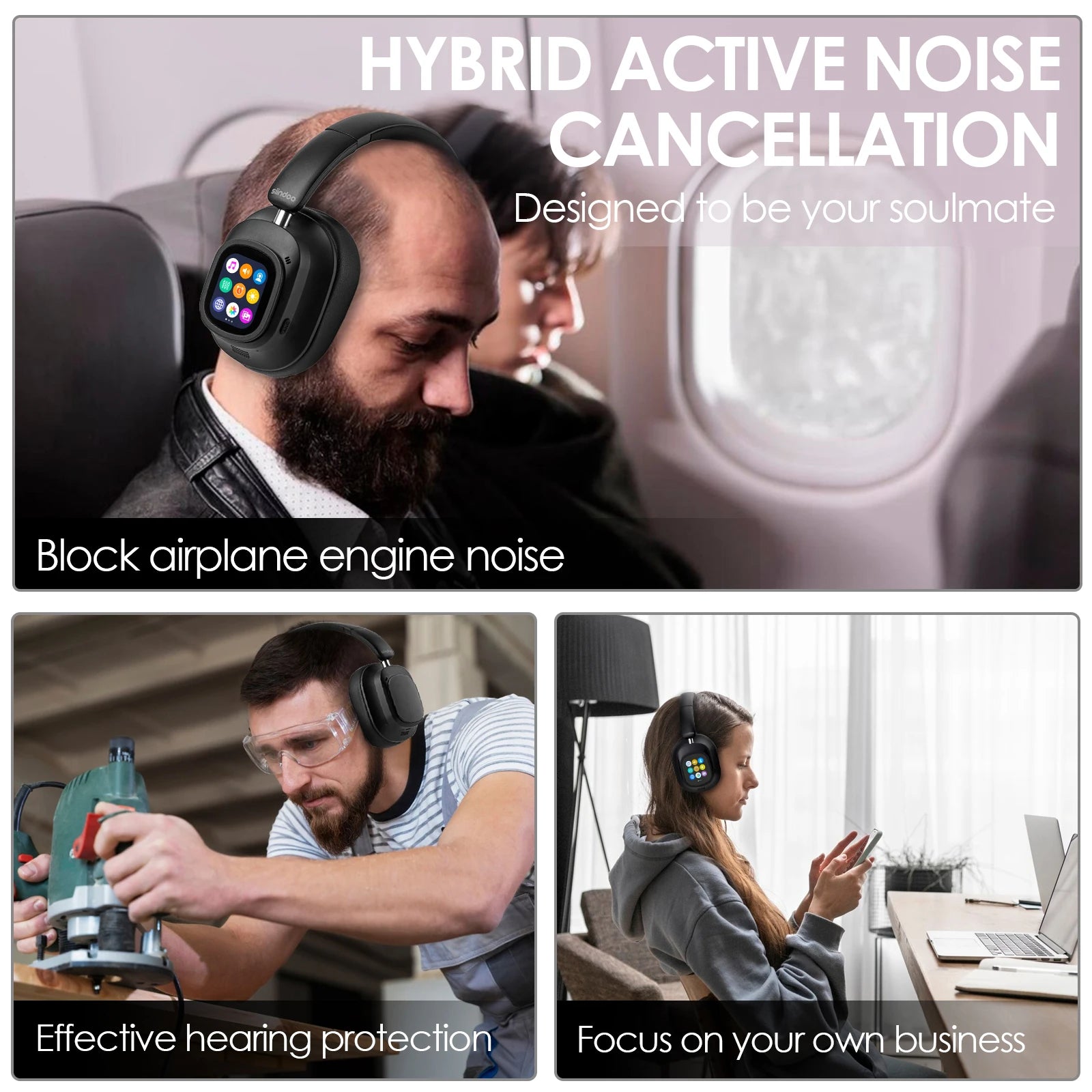 Siindoo JH-ANC930Plus Active Noise Cancelling Headphones, Hybrid Wireless Headphone With Multi Magnetic Touch Control LED Screen