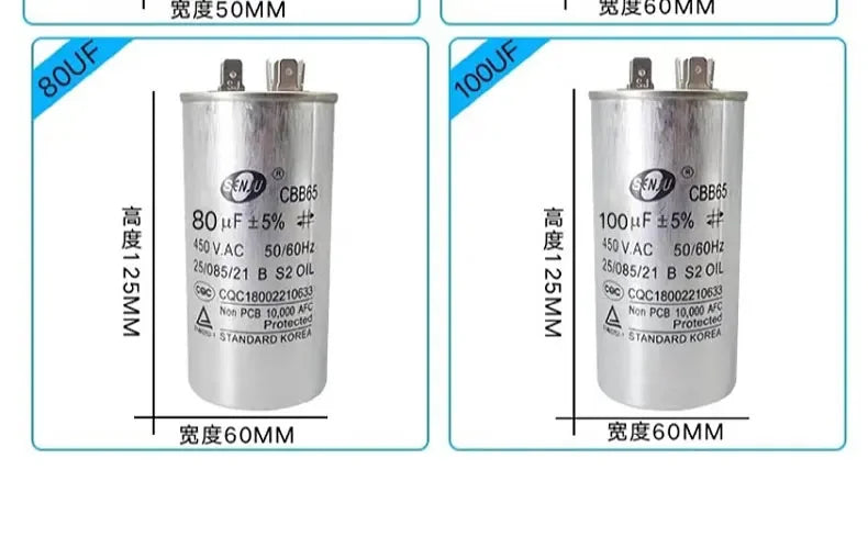 20UF25UF30UF 35UF 40UF 45UF 50UF 55UF 60-100UF CBB65 Air Conditioner Capacitor Compressor Motor Runs Starting Capacitor 450VAC