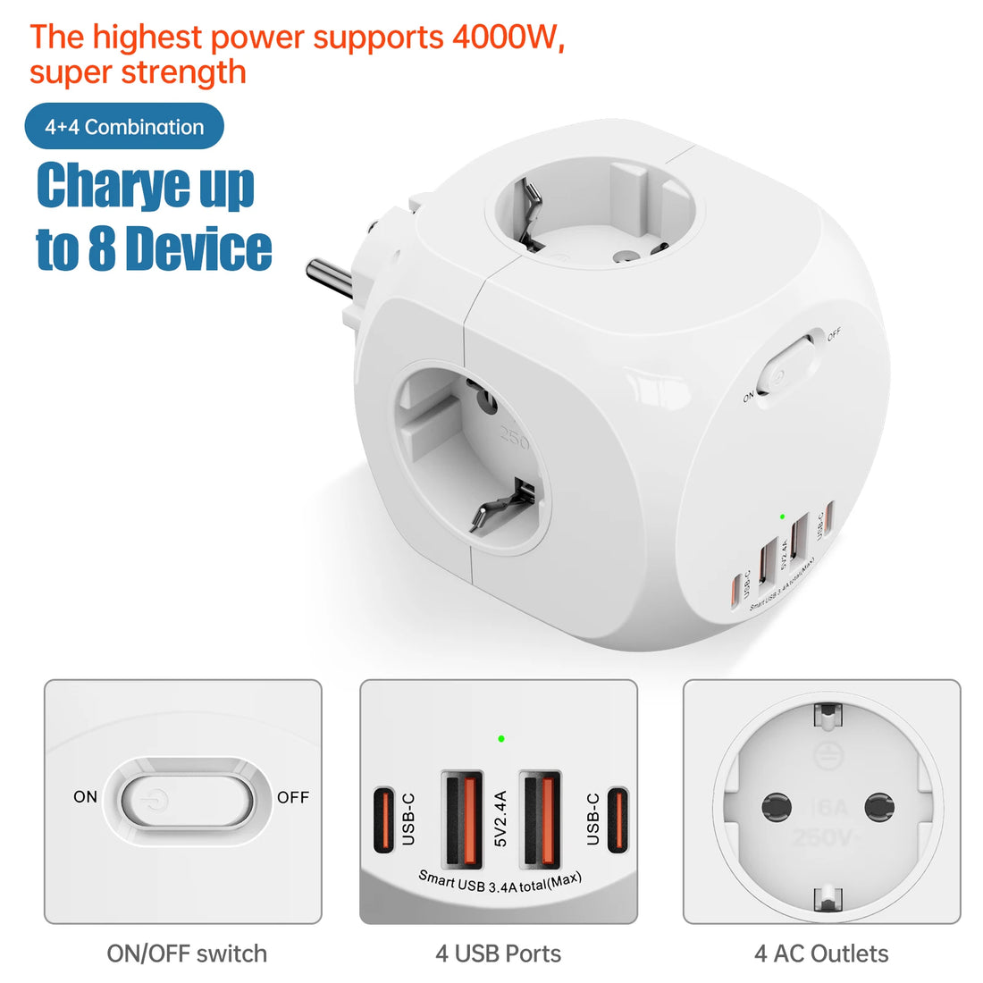 Eu plug multi-functional wall socket 4AC+4USB smart fast charging with multiple safety protections, suitable for family travel