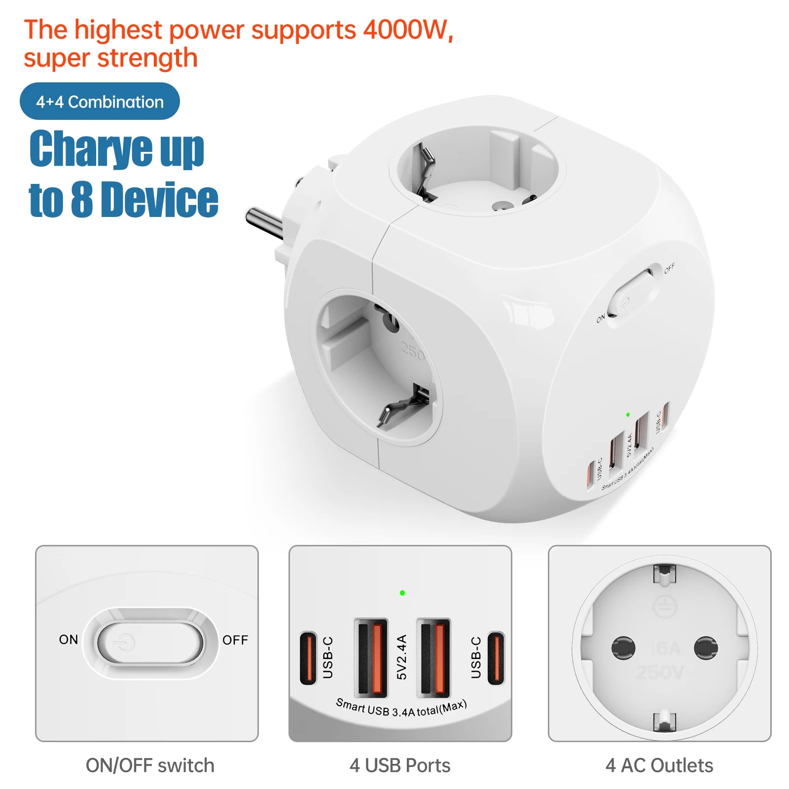 Eu plug multi-functional wall socket 4AC+4USB smart fast charging with multiple safety protections, suitable for family travel