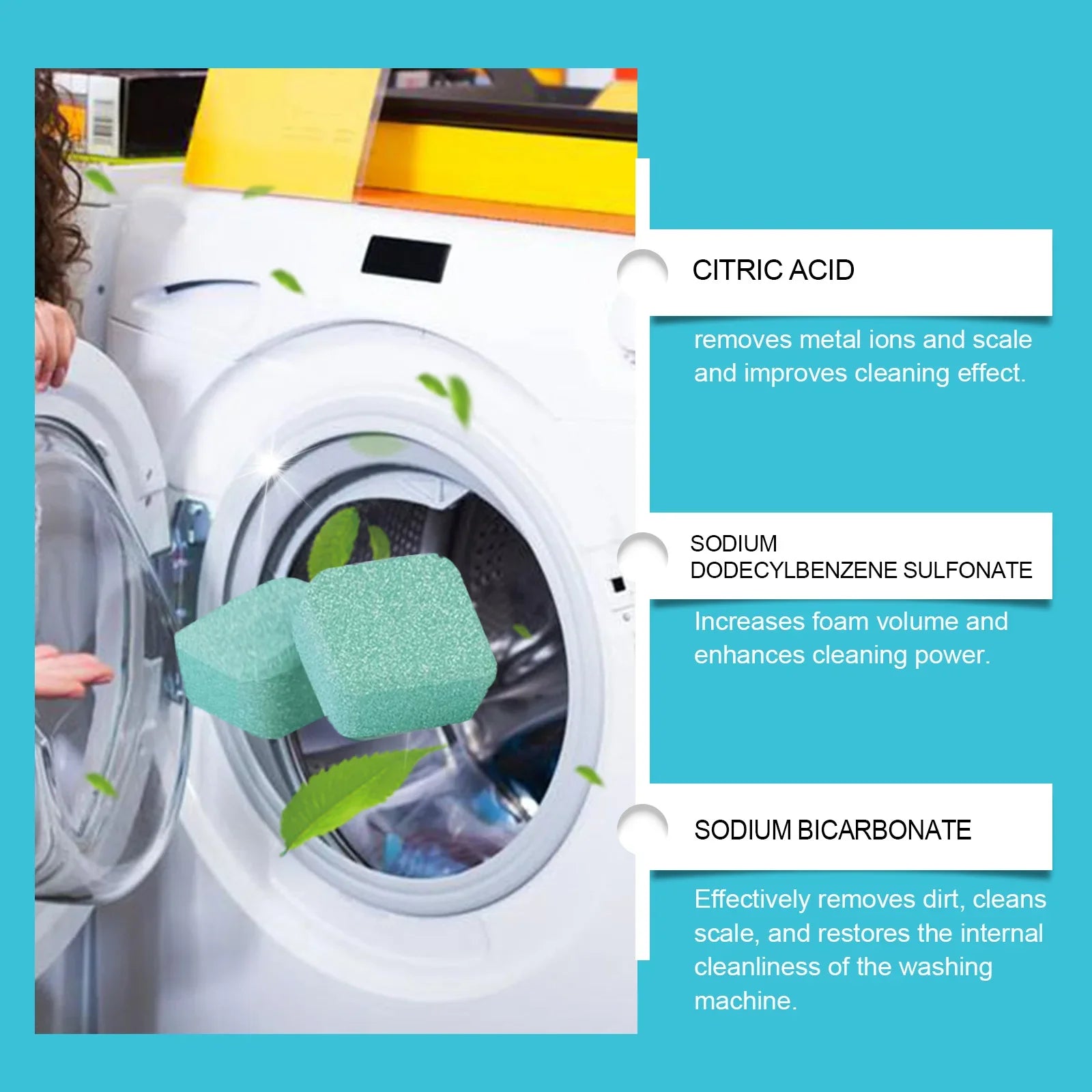 washing machine cleaning tablets, cleaning washing machine slots, household drum pulsator cleaning, stain removal and descaling
