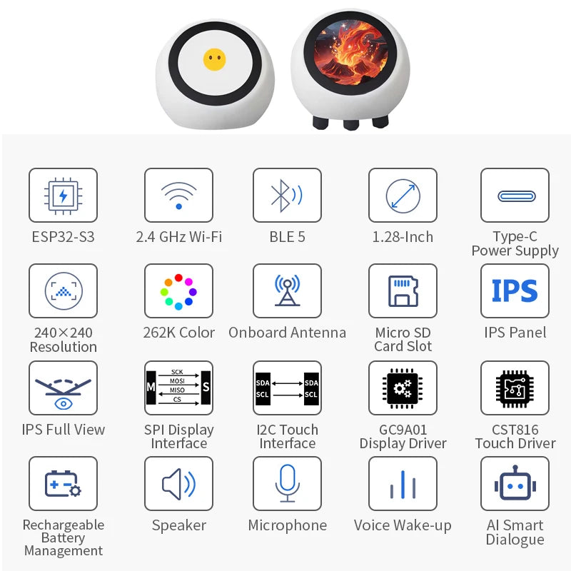 Upgraded XiaoZhi AI Voice Chat Robot DeepSeek ESP32-S3 N16R8 Development Board WiFi BT BLE5 1.28" LCD Display ESP Home Assistant
