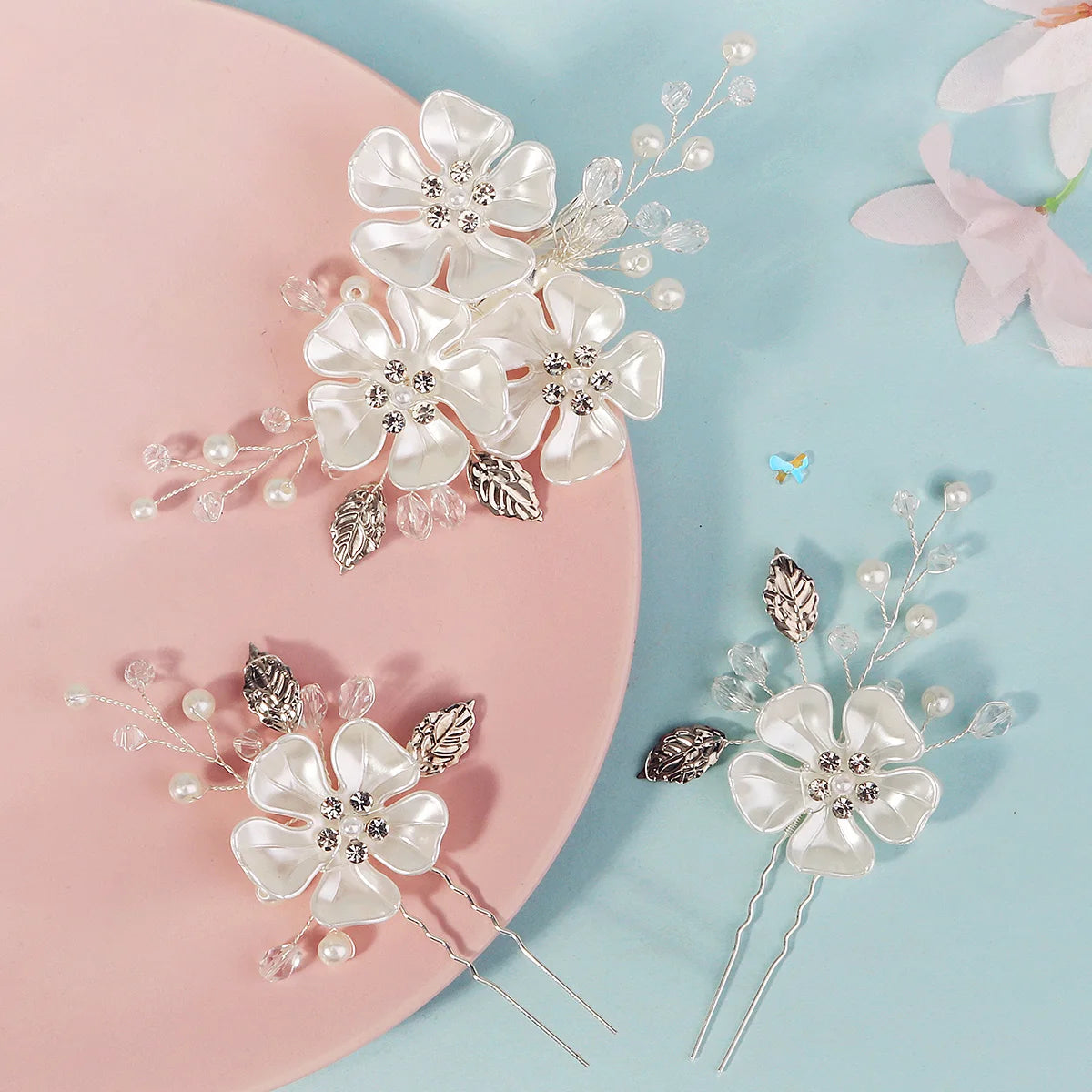 3pc Luxury Acrylic Flower Hair Clip & Pin Set Bridal Wedding Exquisite Jewelry Hair Accessories Handmade Pearl HairClip For Girl