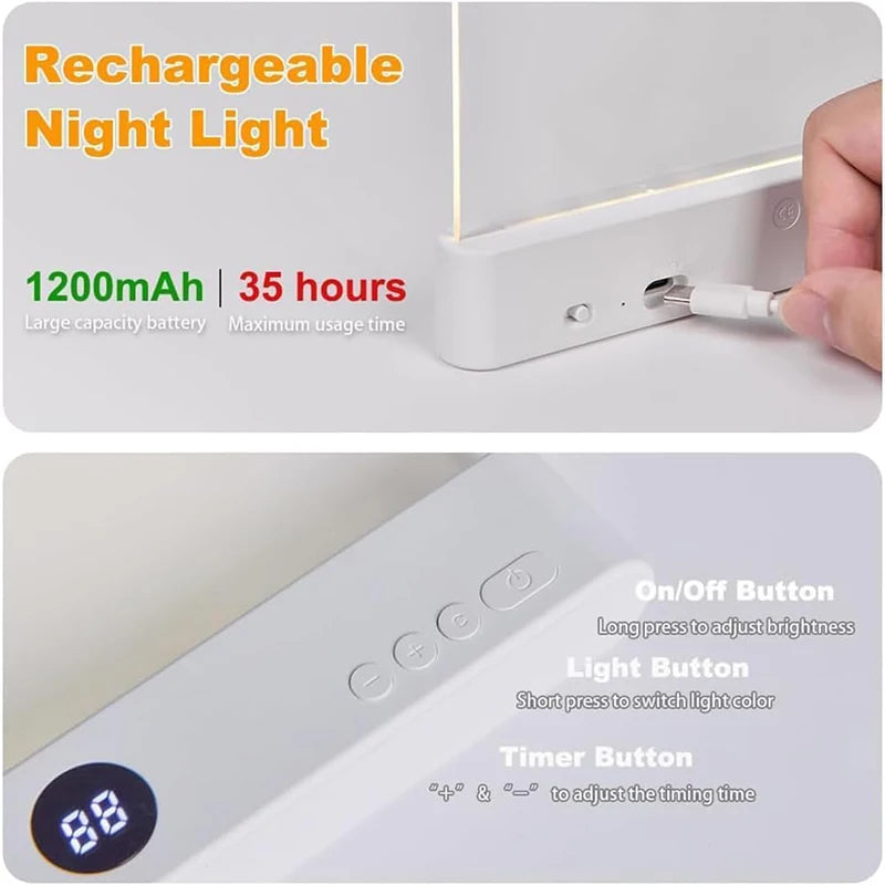 Smart Led Reading Light, Book Lights at Night, Rechargeable Clear Flat Reading Lights with 3 Colors & Timer, Eye-Friendly Glow