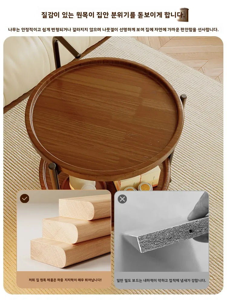 Solid Wood Rolling Cart Table Movable Side Wheels Compact Wooden Tea Trolley Living Room Portable Coffee Bedroom Bedside Storage