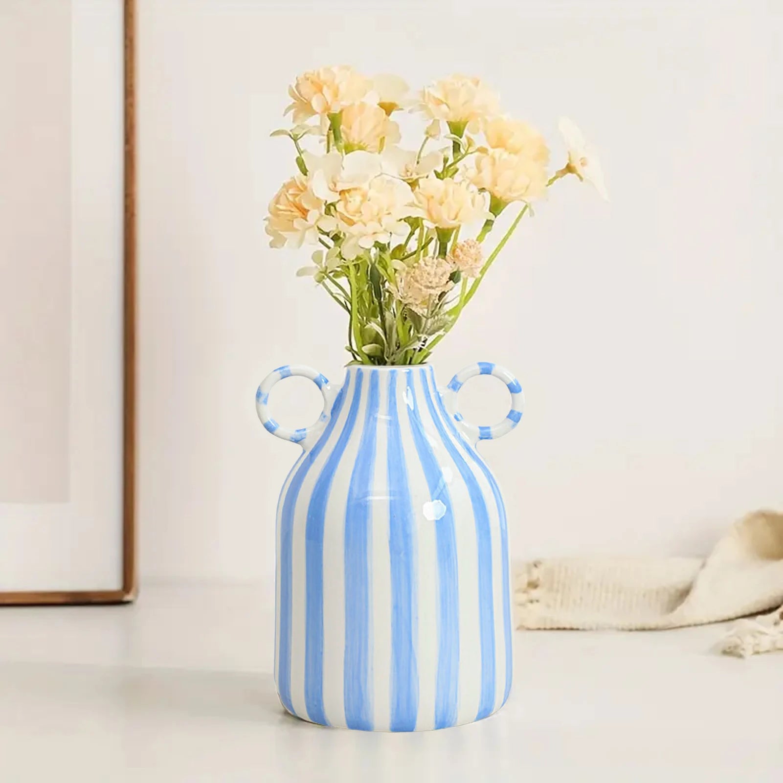 Nordic Style Art Vase Ornament Double Ear Striped Ceramic Vase Hydroponic Flower Cutting Bottle Home Decoration Flowerpot